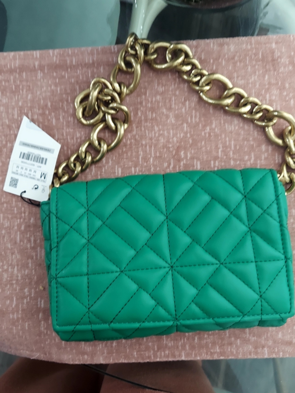 Zara Quilted Emerald Shoulder Bag with Chunky Gold Chain - Picture 2 of 3